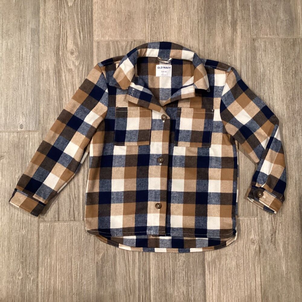 Old Navy Kids NWOT Shacket Brown Tan Blue Plaid Unisex XL 14-16 Brushed Cotton